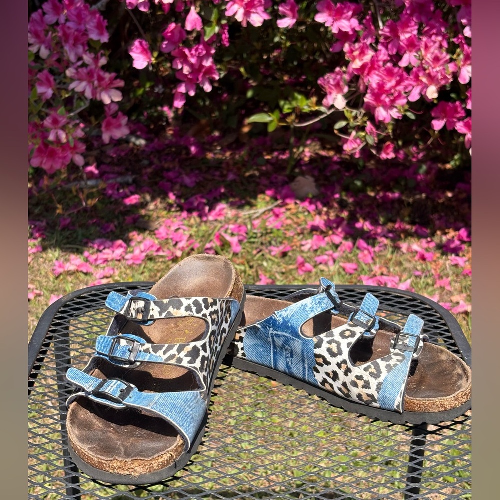 Birkenstock Papillio  Florida Triple Strap Animal Print Denim Look Sandals